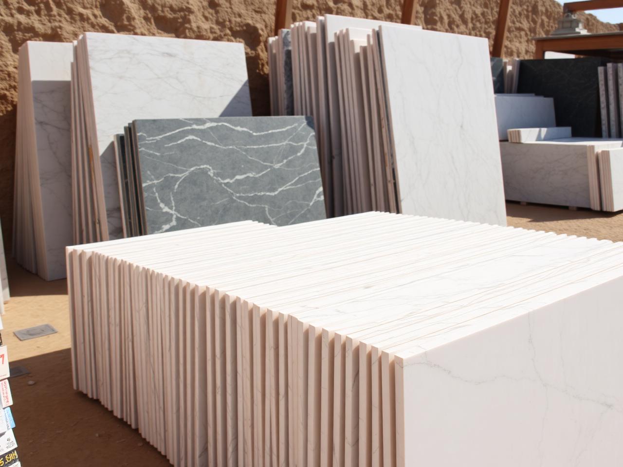 Marble and granite slabs stacked in a natural stone yard